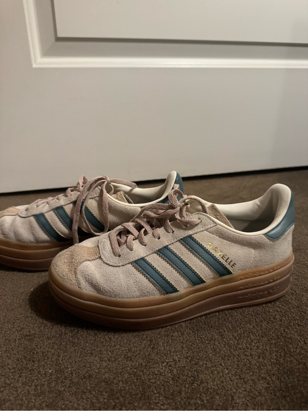 adidas Beige Suede Sneakers with green Stripes